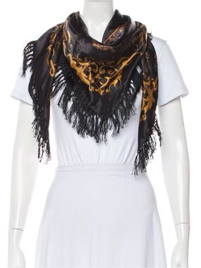 Brand New! L'AGENCE Black Scarf with Gold Ornate Motif and Jewel Accent